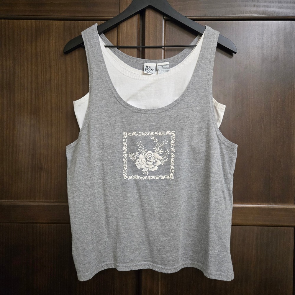 The Body Co Womens Heather Gray Layered Floral Rose Tank Top Shelf Bra Medium